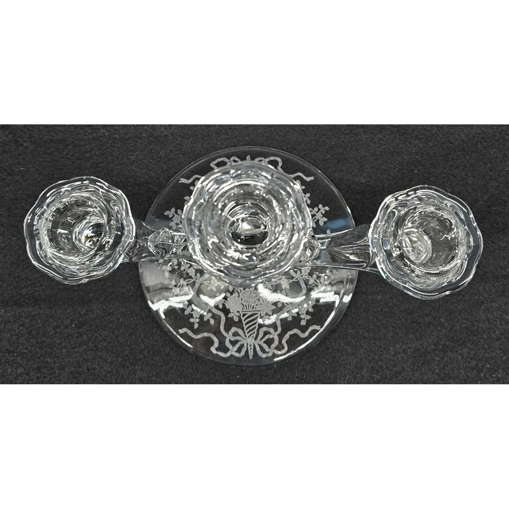 Vintage Fostoria Crystal Baroque Candlestick Holder 3‎ Light w/ Arcady Etch 30s